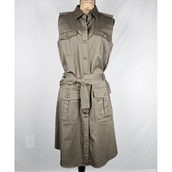 Lauren Ralph Lauren Khaki Utility Shirt Dress Belted Gold Buttons Midi Size 14 - Picture 2 of 16